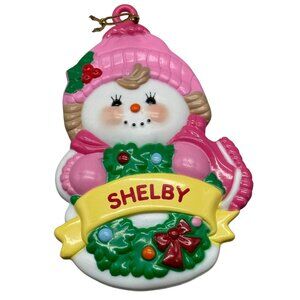 Christmas girl Shelby snowman wreath pink hat holly red bow 2001 4" READ